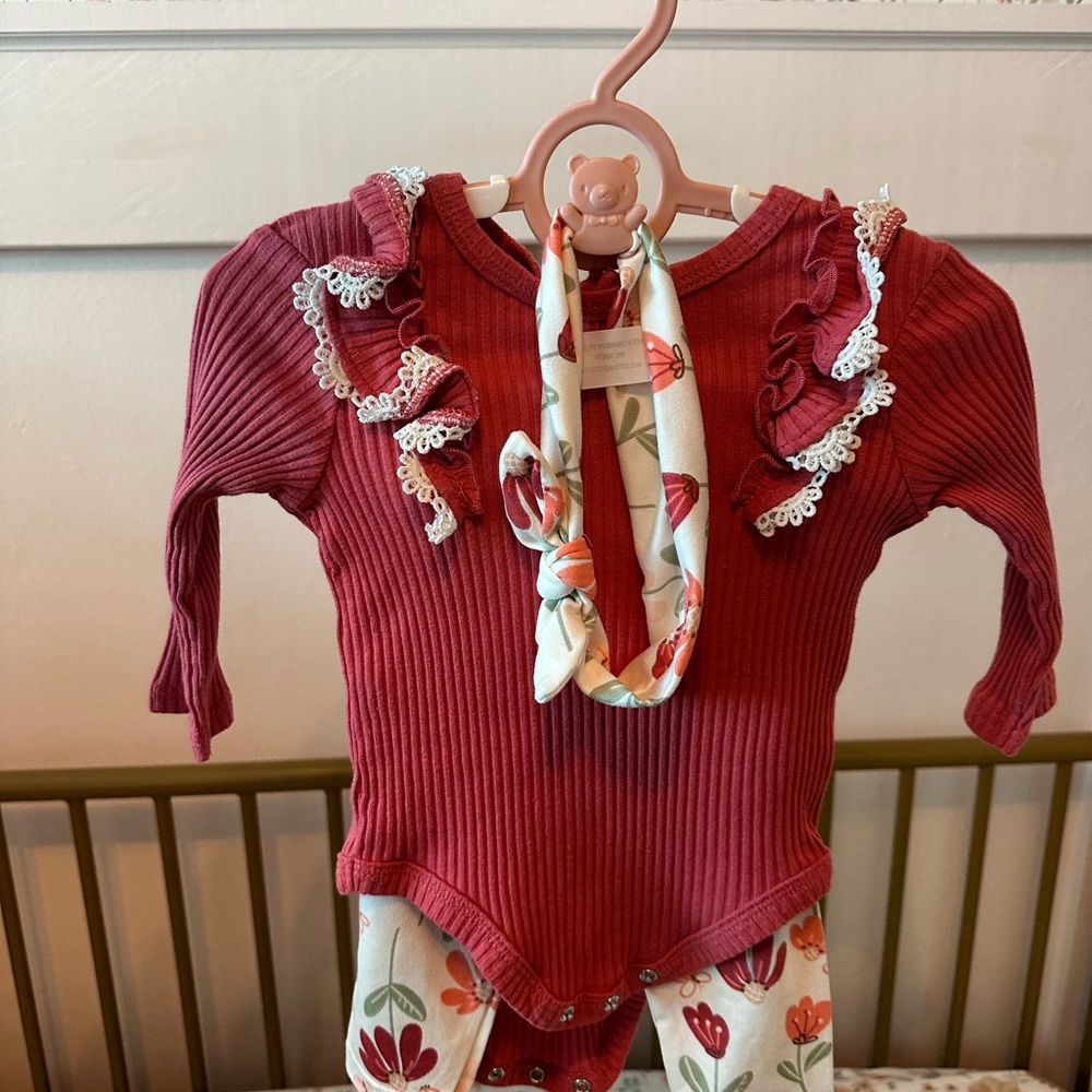 Red Ruffled Baby Onesie with Floral Pants